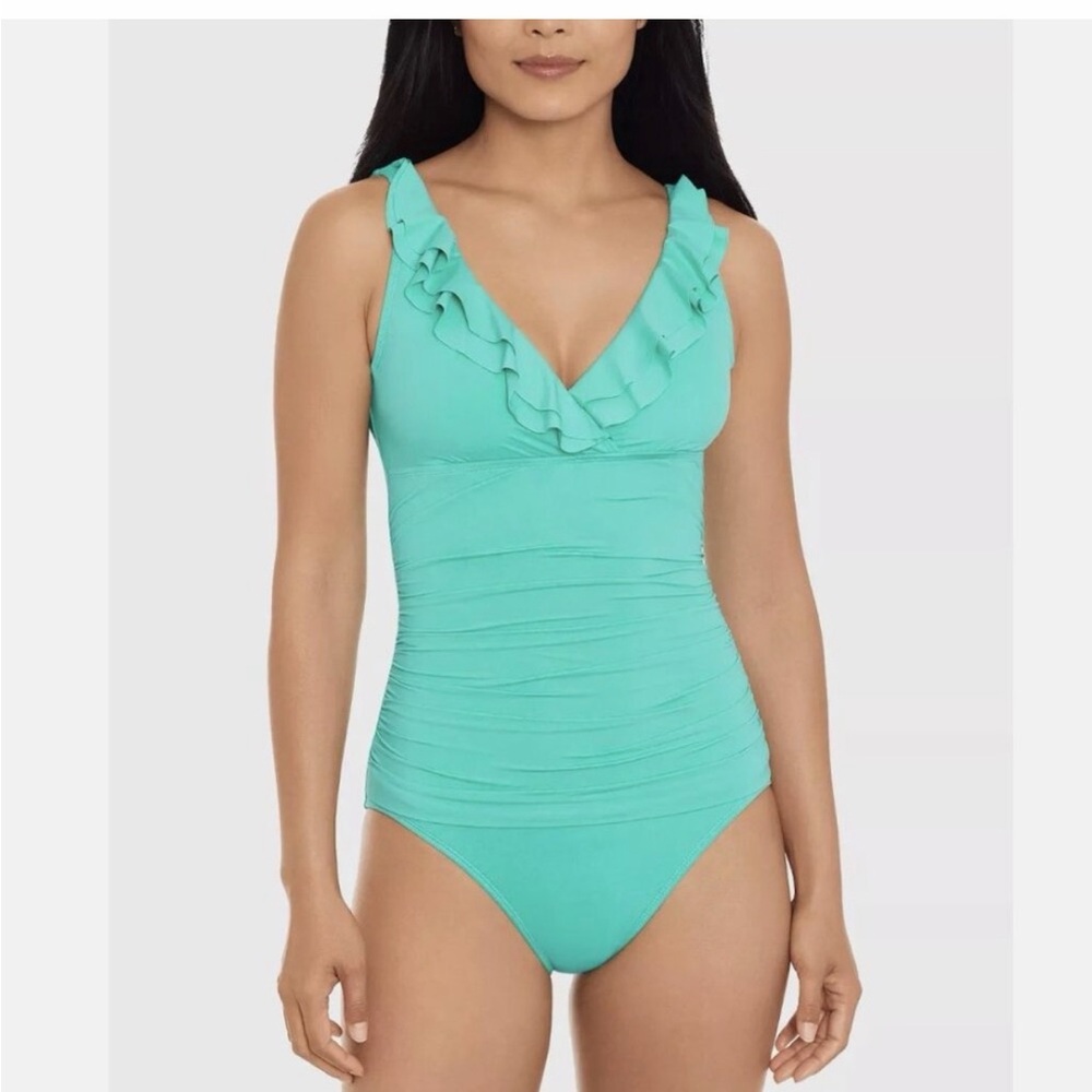 Lauren Ralph  Beach Club solid ruffled one-piece swimsuit in green SZ 10